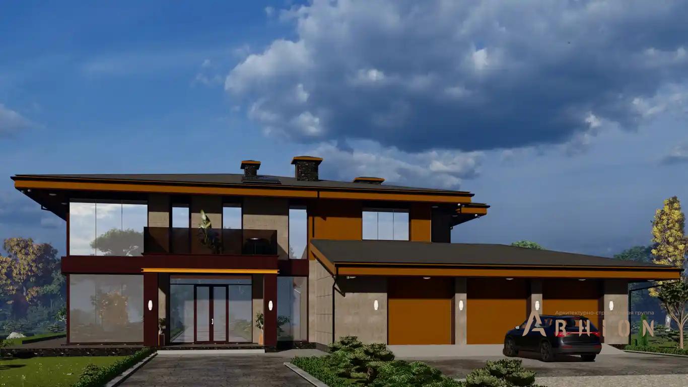 10. Проект двухэтажного дома в современном стиле с четырехскатной, h-1615, площадью - 726 кв c терассой, балконом, гаражом, вторым светом